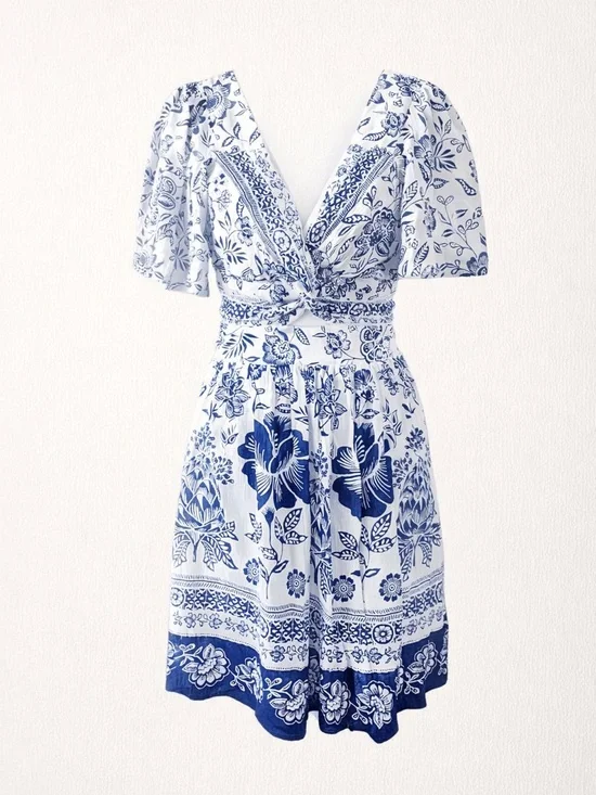 Angie Blue & White Floral Boho Mini Dress Smocked Back Cottagecore Summer Large - Picture 1 of 4